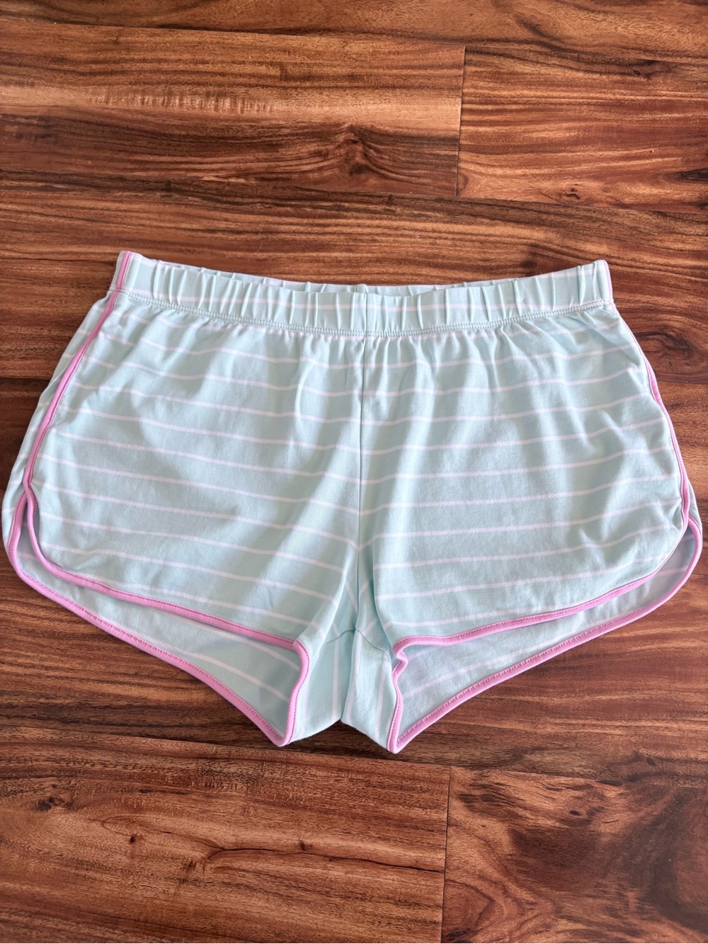 Lake Women’s Pima Cotton Mint Striped Pajama Shorts With Pink Piping  Medium M